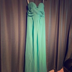 Mint full length strapless bridesmaids gown